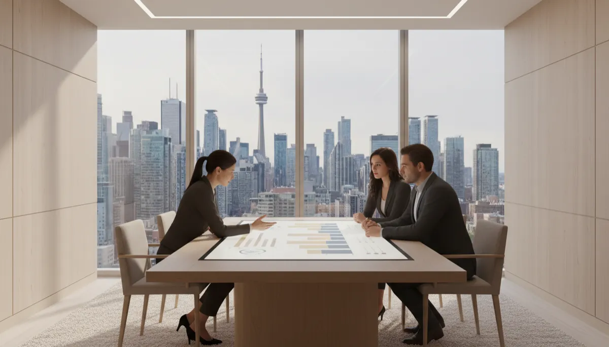 Professional neutral-toned meeting between real estate agent and clients with Toronto condos in background