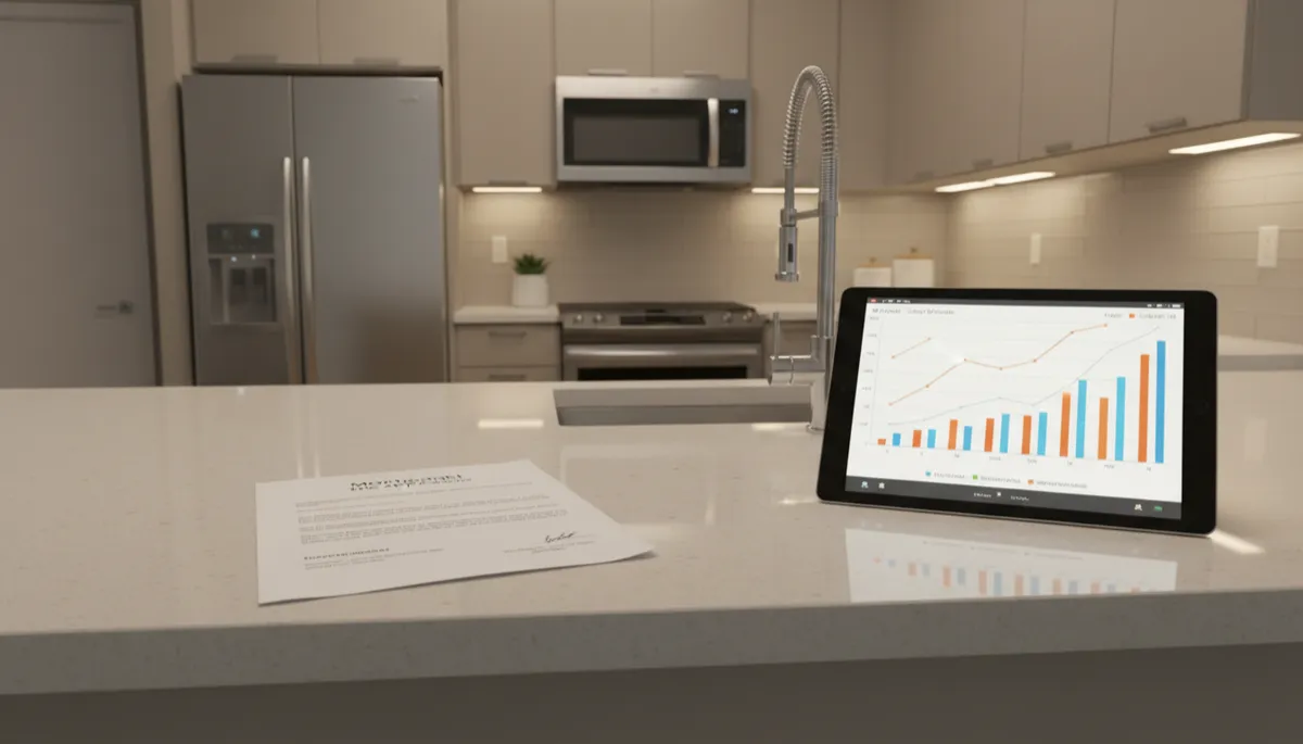 Professional neutral-toned view of a modern affordable condo with mortgage documents on counter