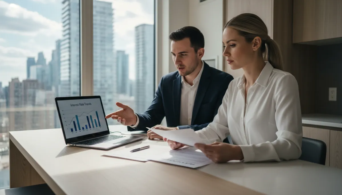 Young couple in Toronto condo reviewing mortgage options during a period of stable interest rates