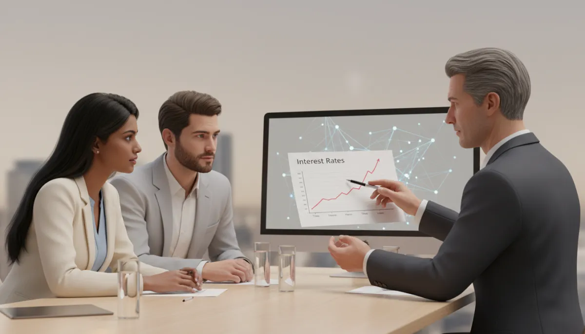 Financial advisor explaining mortgage interest rate trends to home buyers Financial advisor explaining mortgage interest rate trends to home buyers