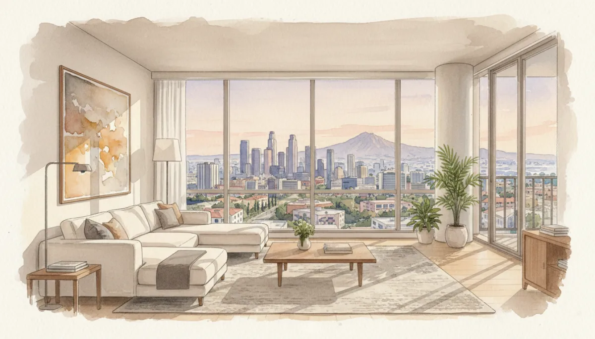 Professionally staged modern GTA condo living room with city view