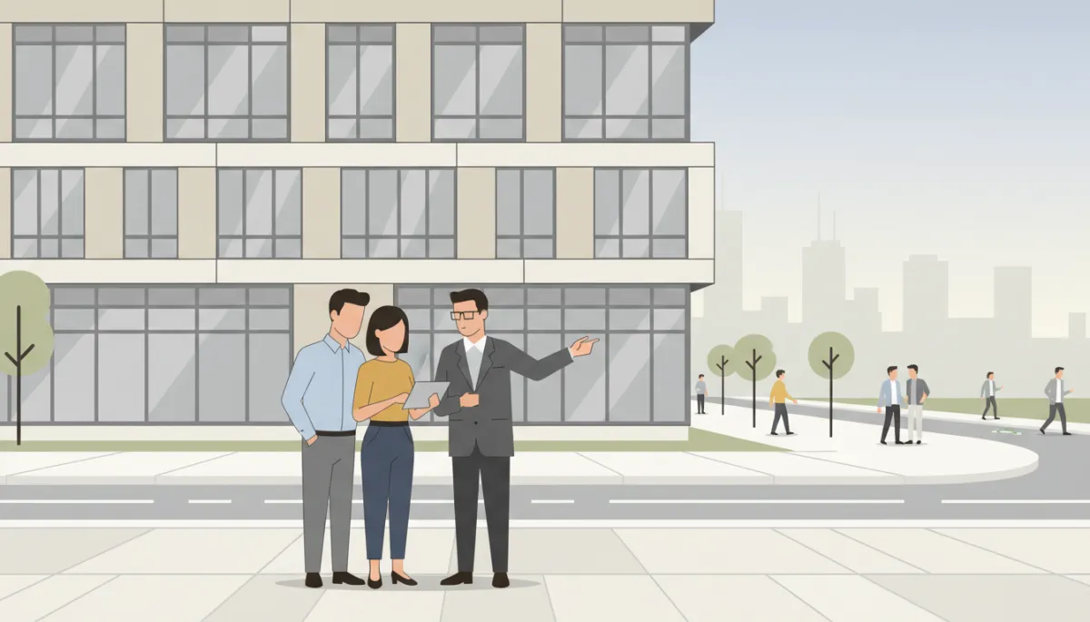 Professional street view of a modern Toronto condo building with buyers and agent Professional street view of a modern Toronto condo building with buyers and agent