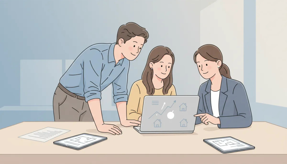Young couple and real estate agent reviewing mortgage rates and listings in a professional setting Young couple and real estate agent reviewing mortgage rates and listings in a professional setting