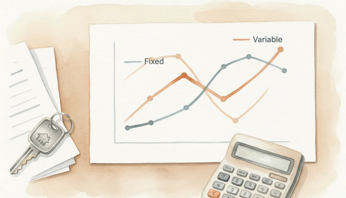 Comparison of fixed and variable mortgage payment paths with condo keys on desk