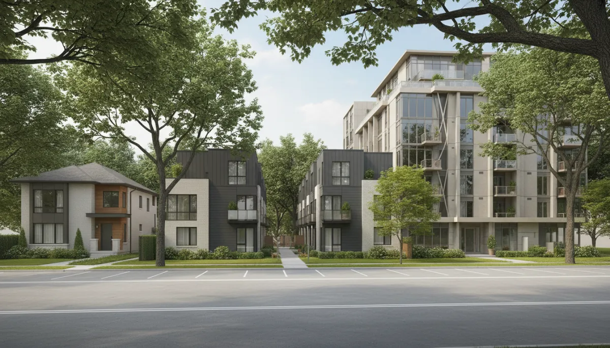 Mixed detached, townhouse, and condo buildings on a residential GTA street in a professional style