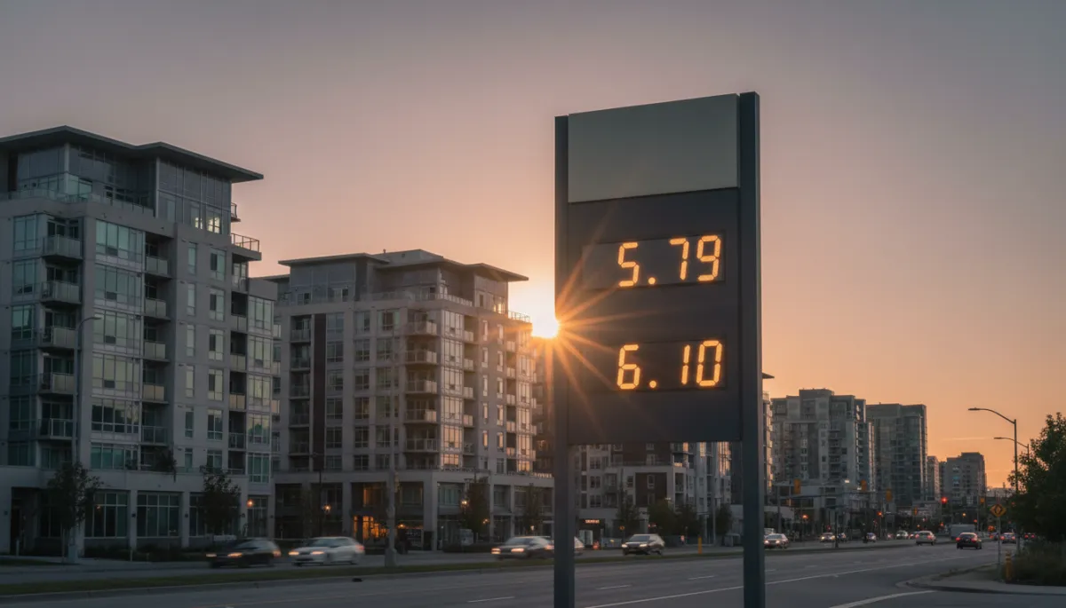 Gas station price board with condos in the background, highlighting link between fuel costs and urban living expenses Gas station price board with condos in the background, highlighting link between fuel costs and urban living expenses