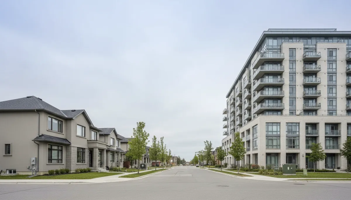 A professional streetscape view of detached homes and a condo in North Richvale