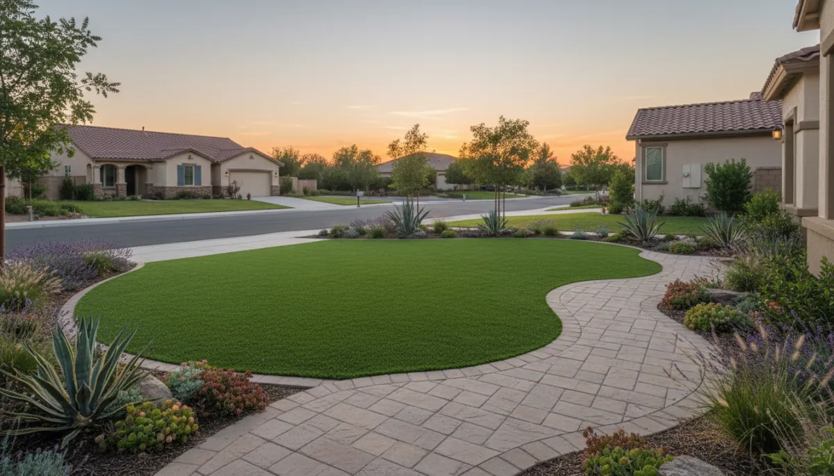 Front yard with NuTurf artificial grass in a residential neighborhood