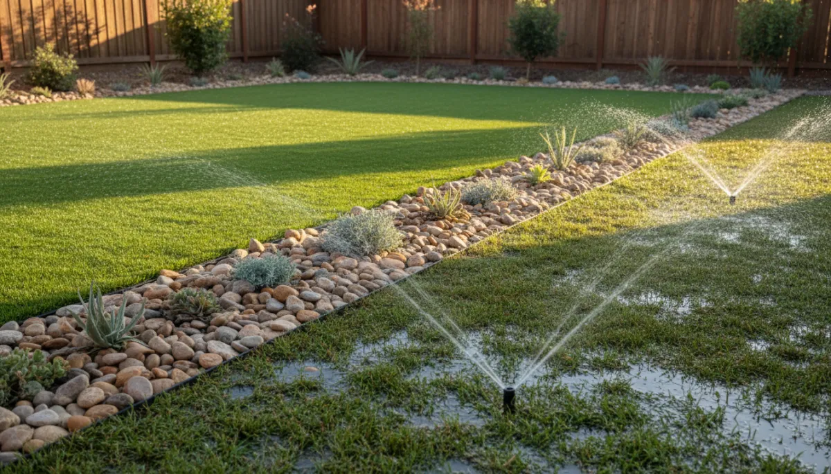 Backyard showing NuTurf artificial grass beside natural grass being watered by sprinklers
