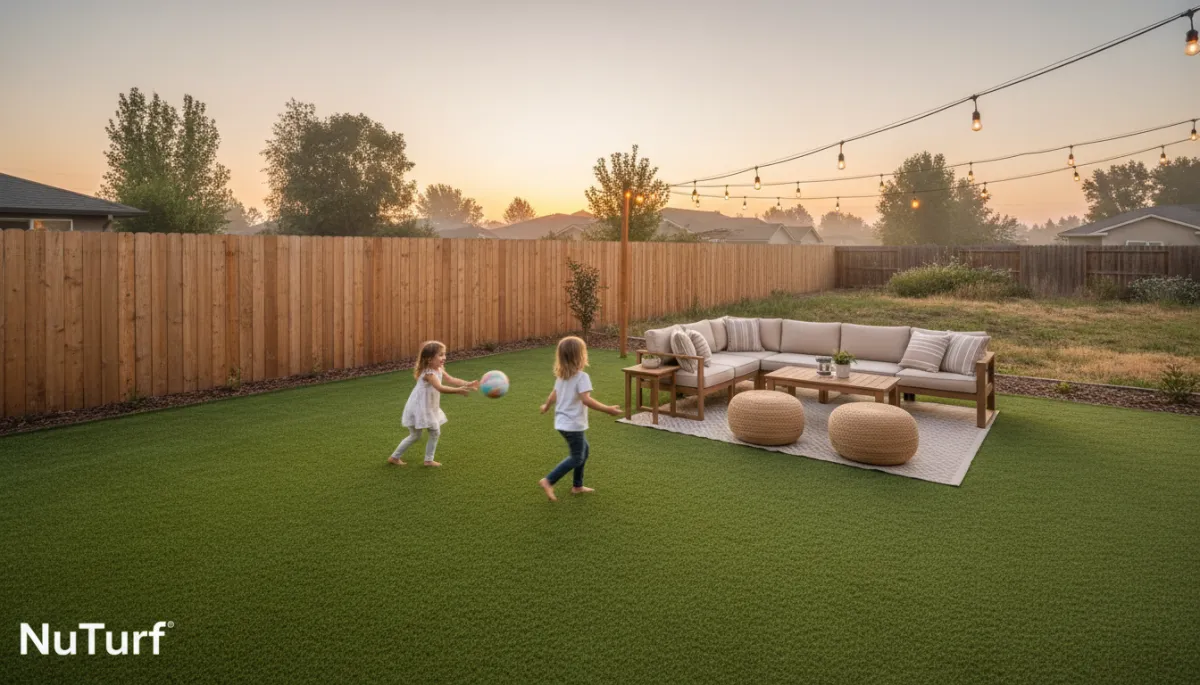Backyard with NuTurf artificial grass beside neighboring natural grass lawn