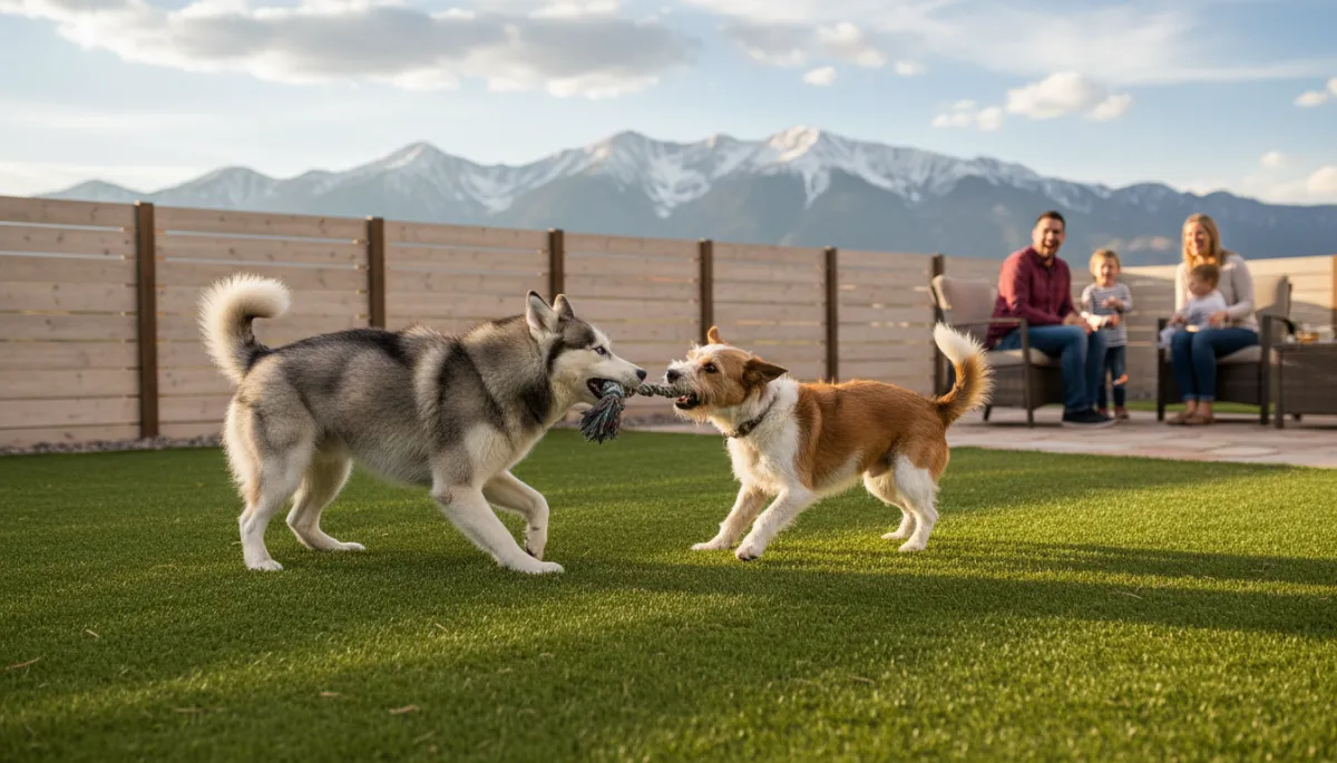 Dogs playing on artificial turf in a Colorado backyard with mountain views Dogs playing on artificial turf in a Colorado backyard with mountain views