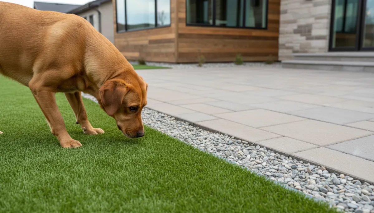 Dog exploring clean artificial turf area with good drainage in a Colorado yard Dog exploring clean artificial turf area with good drainage in a Colorado yard