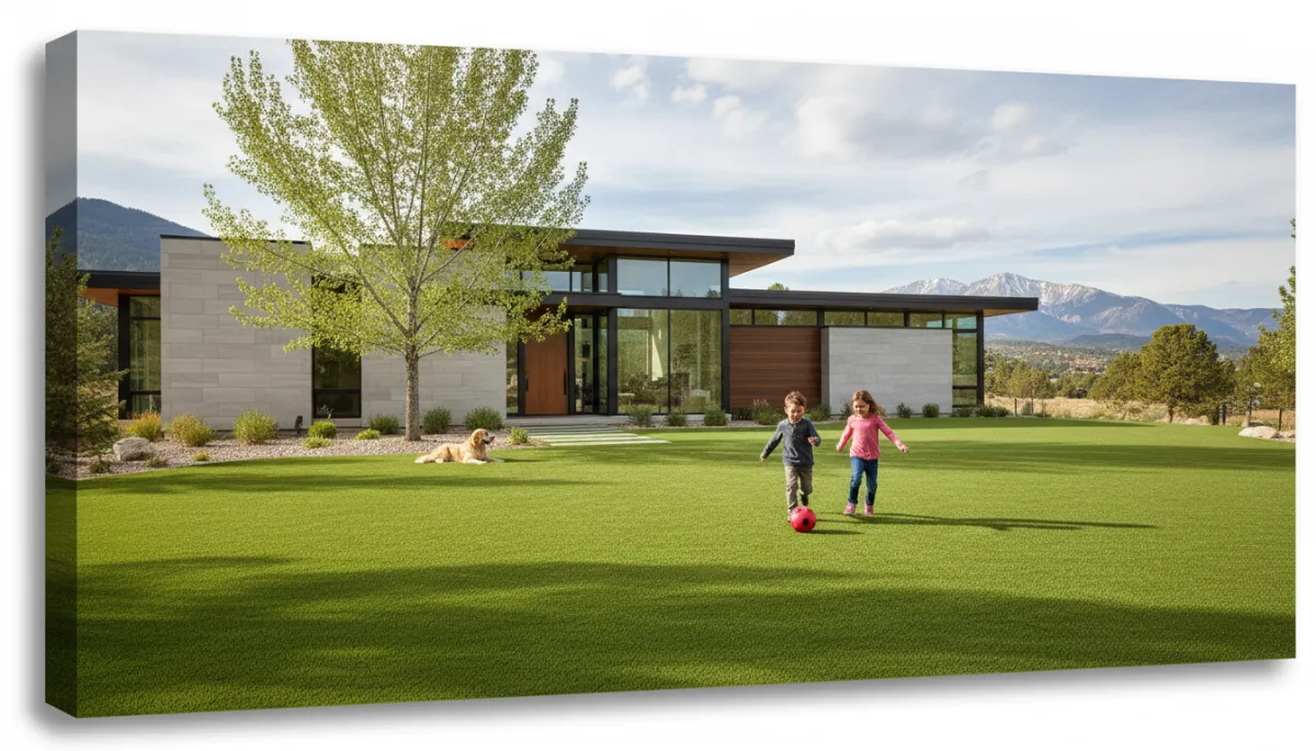 Photorealistic modern Colorado home with lush artificial turf front yard