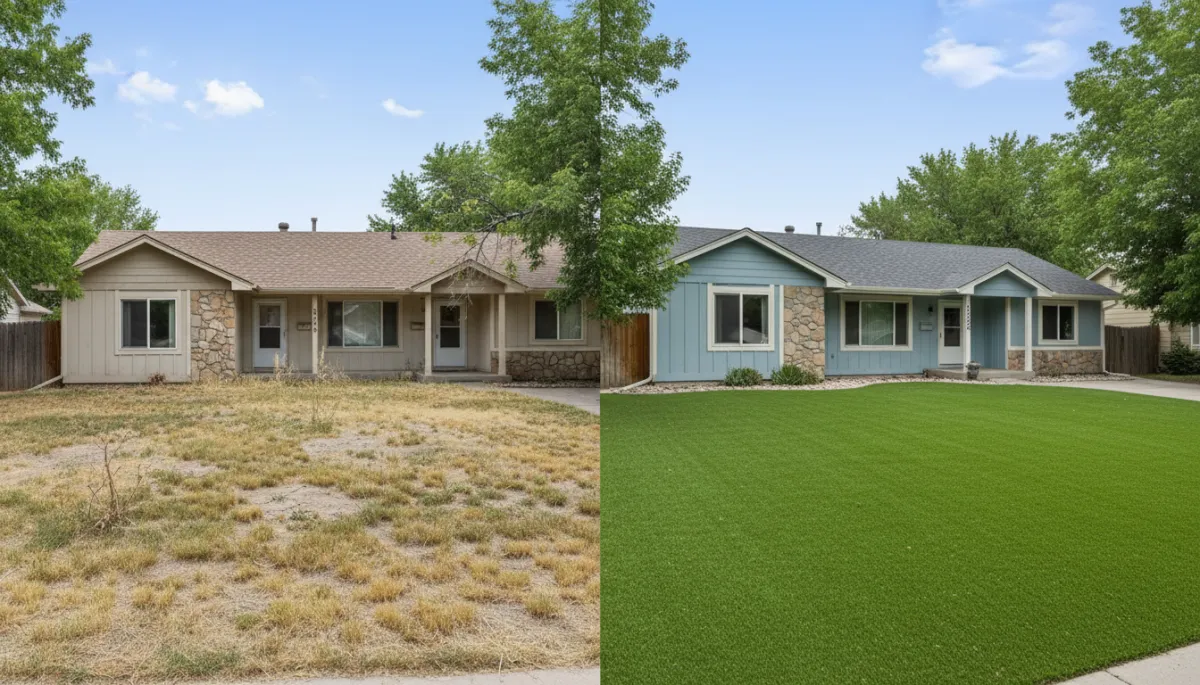 Photorealistic comparison of patchy natural grass lawn next to lush artificial turf lawn