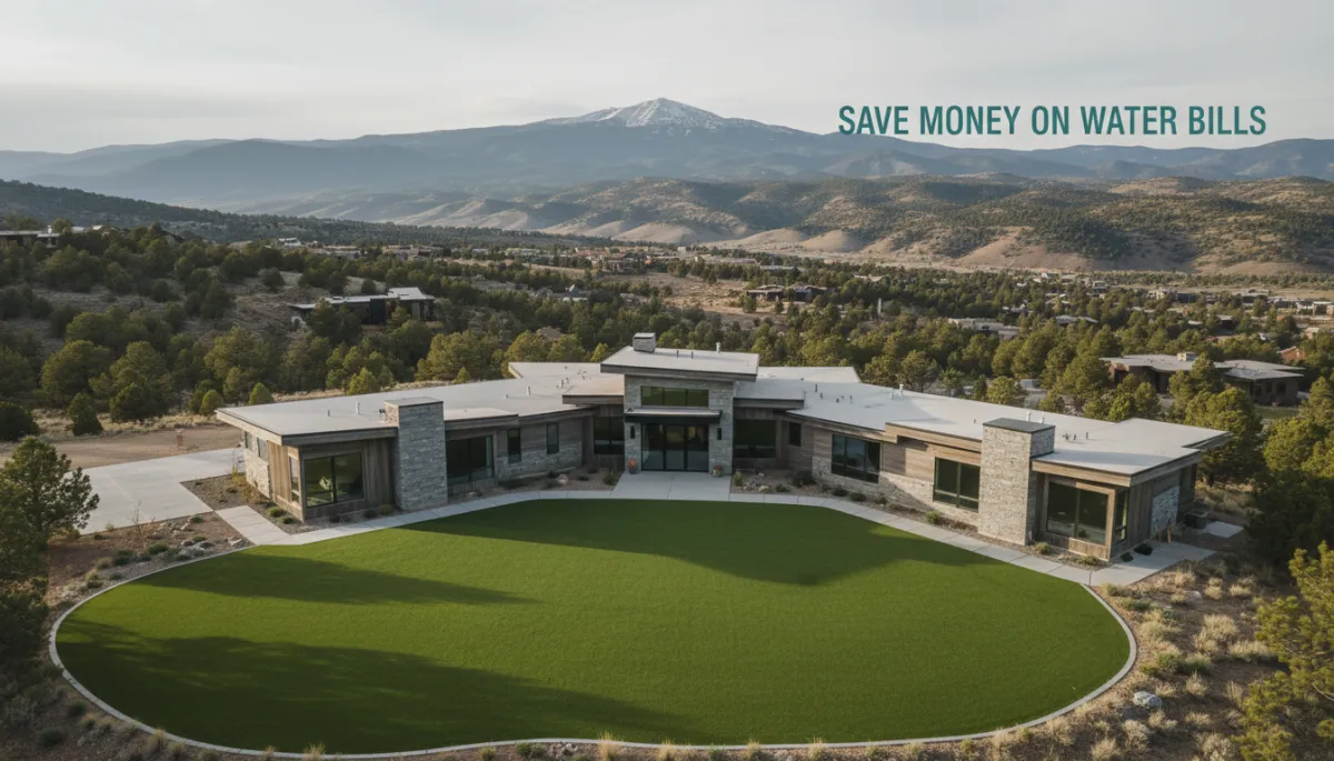 photorealistic aerial view of a modern Colorado home with a perfectly green artificial turf lawn, mountain foothills in the distance, soft neutral lighting, subtle overlay text about saving money on water bills