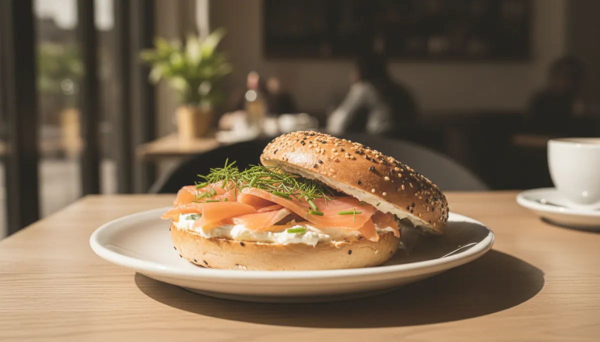 Toasted bagel sandwich with cream cheese and smoked salmon Toasted bagel sandwich with cream cheese and smoked salmon