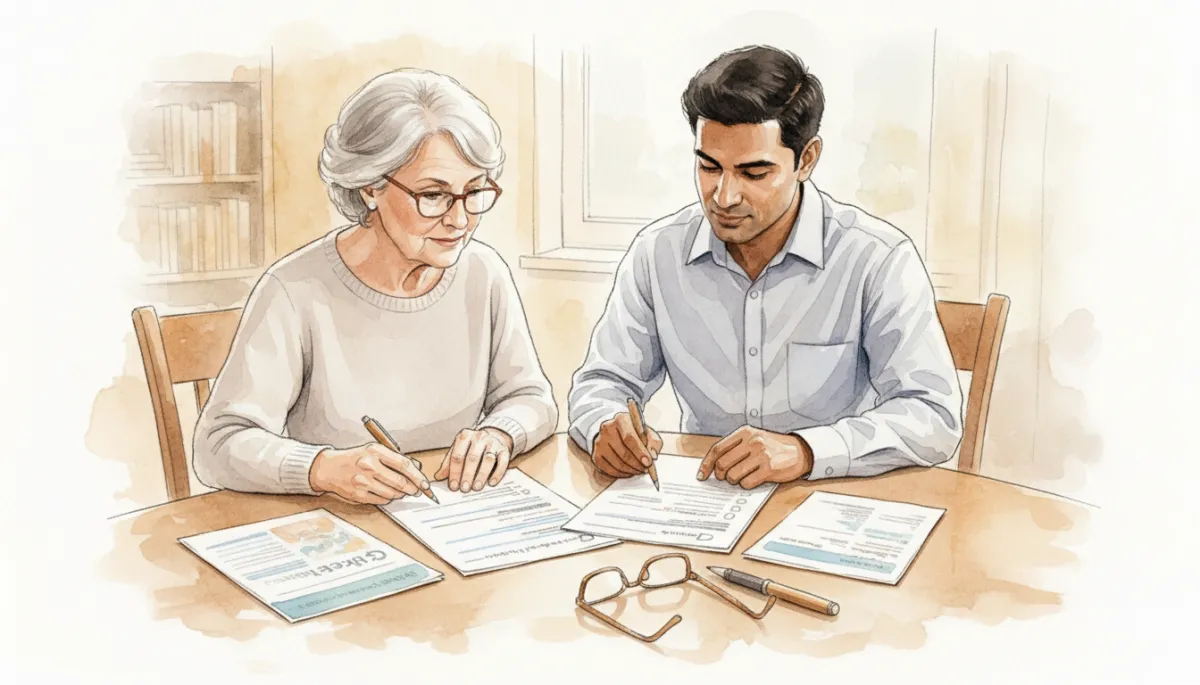 Older adult and in-home care aide reviewing references and a checklist