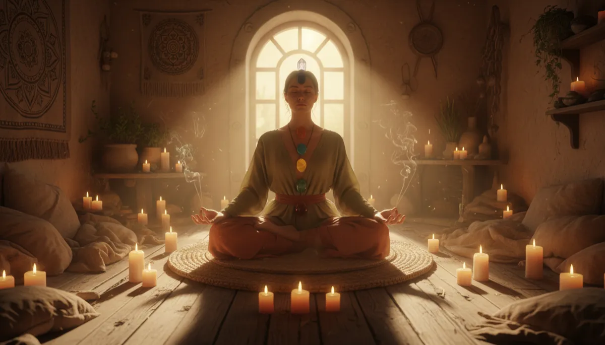 Photorealistic person meditating with crystals placed on chakra points