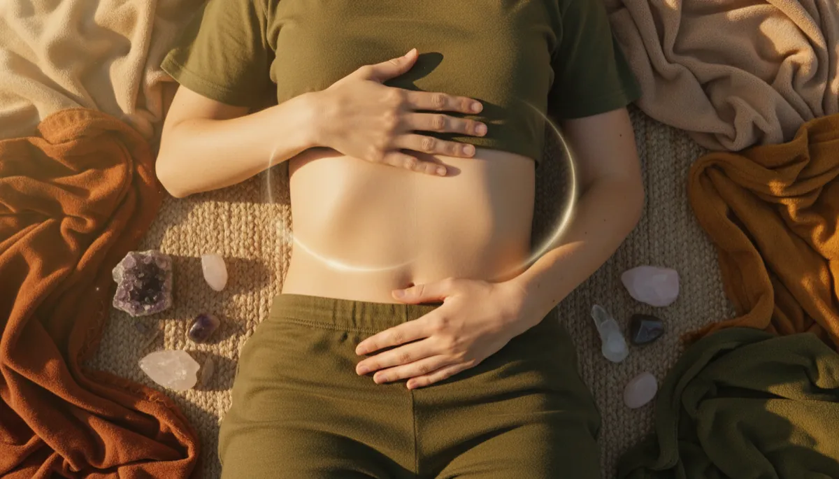 Hands on heart and belly during a gentle breathwork session