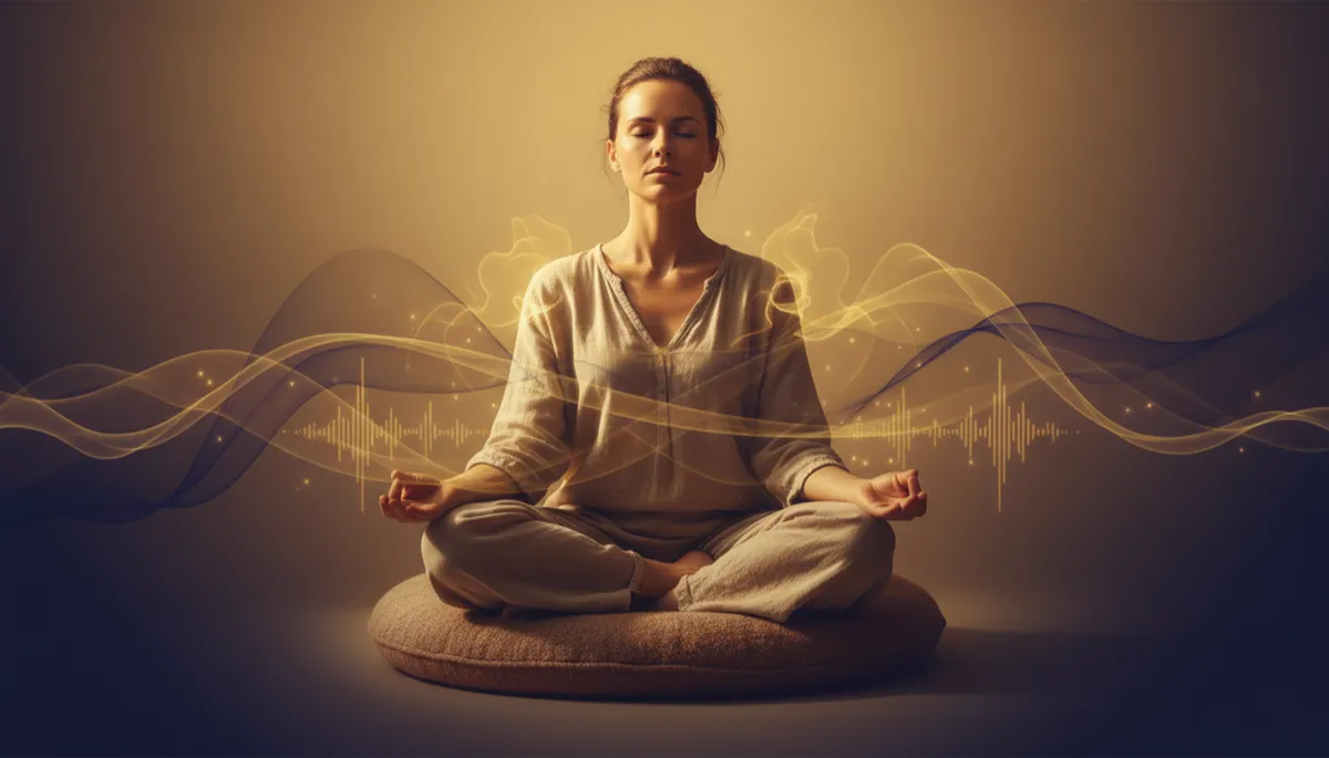 Person meditating peacefully surrounded by gentle golden sound waves