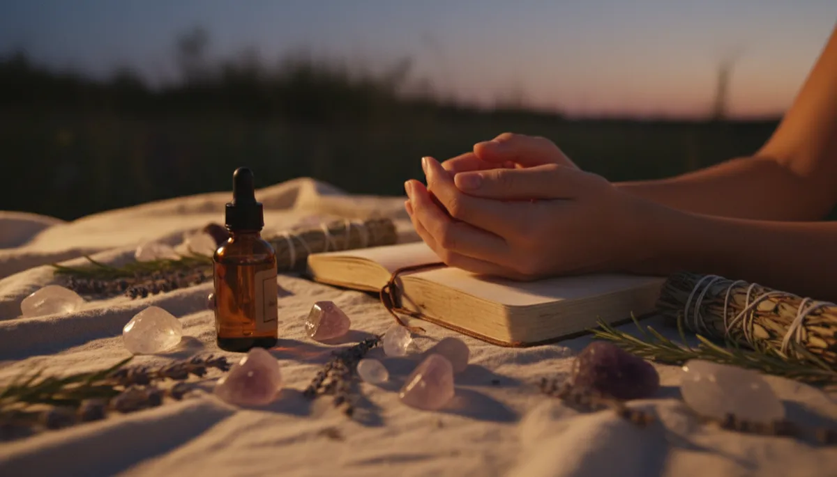 Hands surrounded by crystals, herbs, journal, and essential oil under moonlight