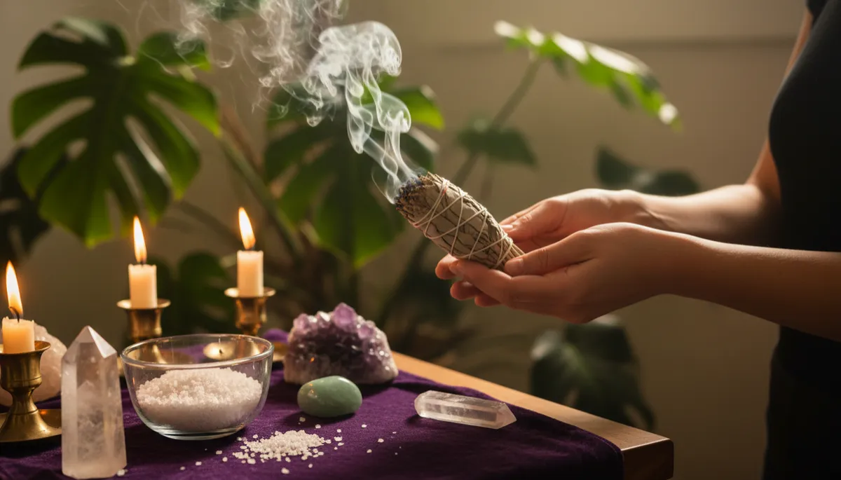 Hands smudging with sage over an altar with crystals and salt