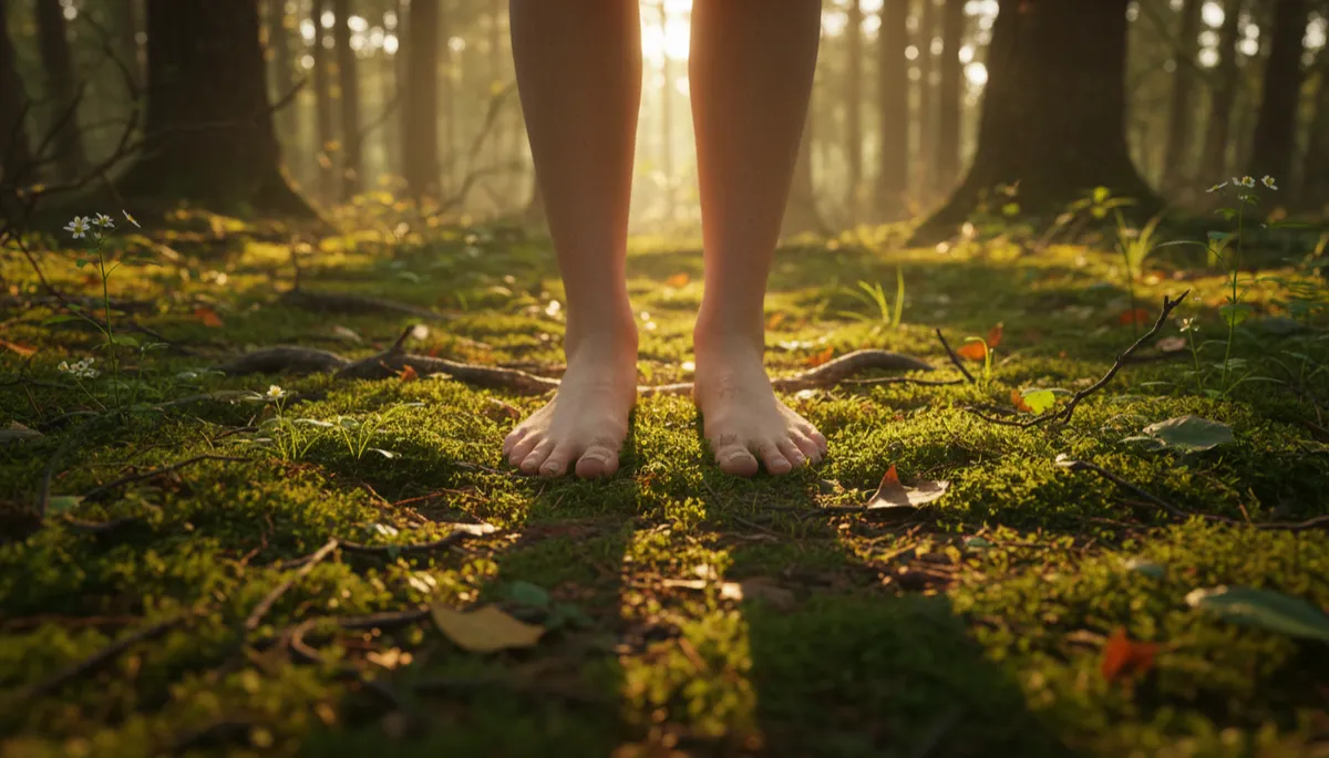 Bare feet grounding on mossy forest floor in warm natural light