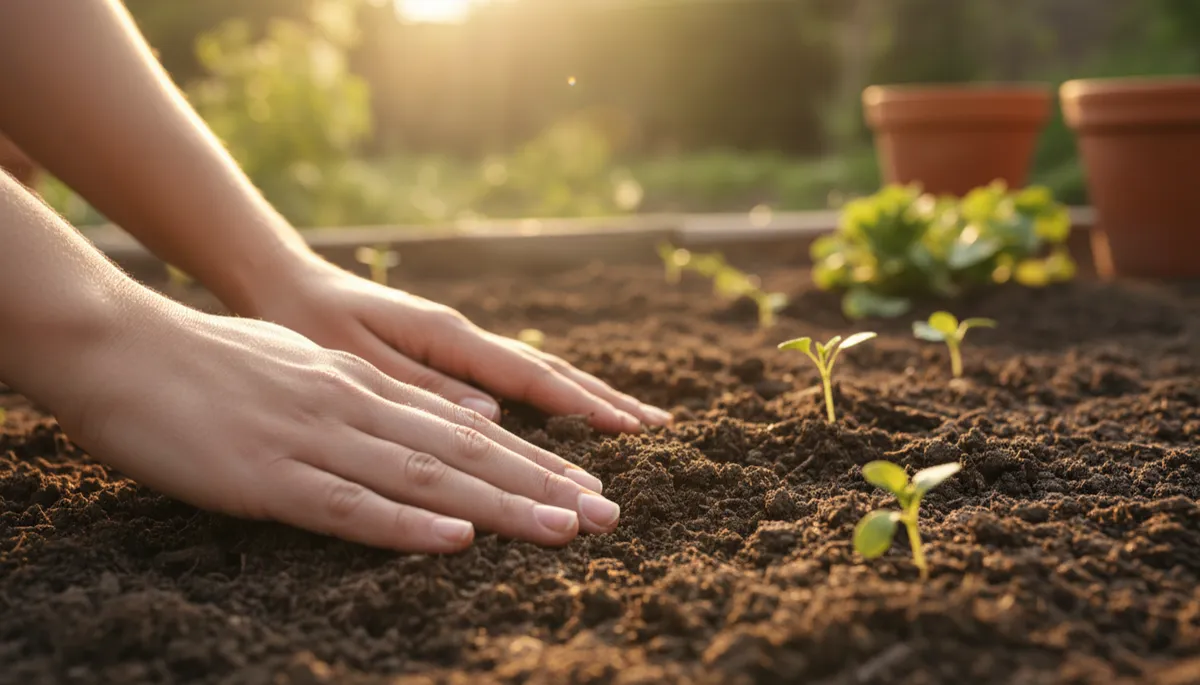 Hands pressing into garden soil as a grounding ritual