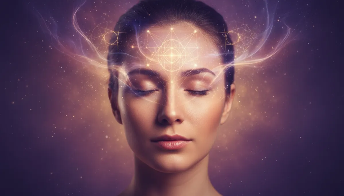 Person in meditation with ethereal light focusing around the third eye area