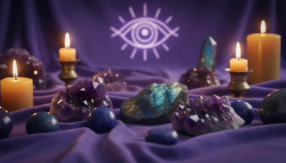 Amethyst, labradorite, and lapis lazuli crystals arranged on a softly lit spiritual altar