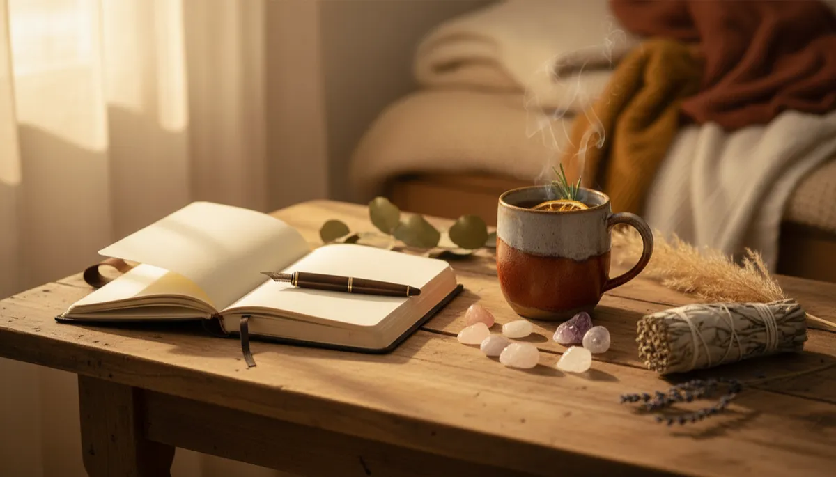 Peaceful morning ritual setup with journal, herbal tea, and crystals