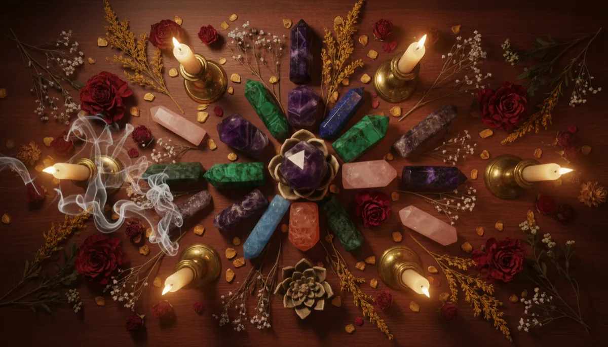 photorealistic overhead view of an arrangement of colorful crystals on a smooth wooden altar with candles, dried flowers, and soft incense smoke, warm golden light and mystical earthy tones
