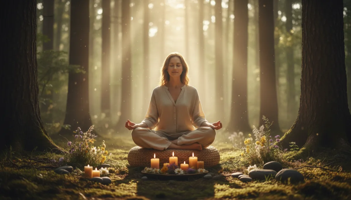 photorealistic scene of a person sitting in silent meditation on a woven cushion in a sunlit forest clearing, soft morning light filtering through trees, gentle mist, earth tones, candles and wildflowers arranged in a small altar, subtle particles of dust glowing in the air