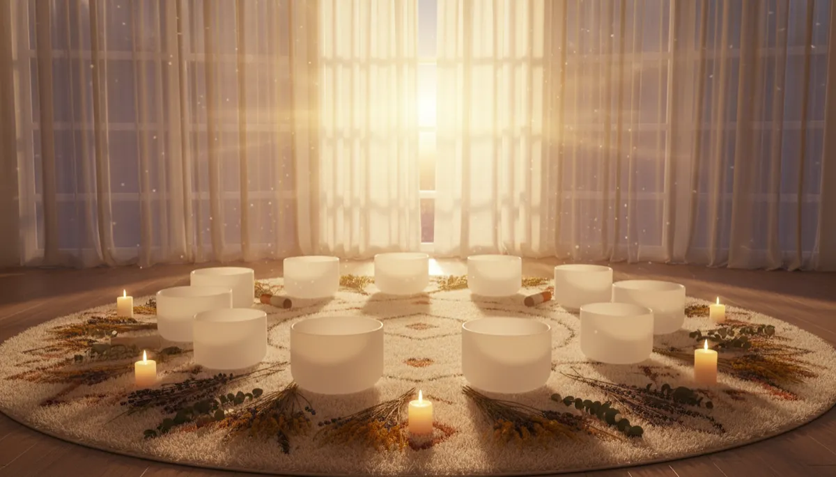 photorealistic warm golden ethereal scene of a serene sound bath studio at sunset, crystal singing bowls arranged on a soft woven rug, candles and dried flowers surrounding them, gentle sun rays streaming through gauzy curtains, subtle glowing particles in the air