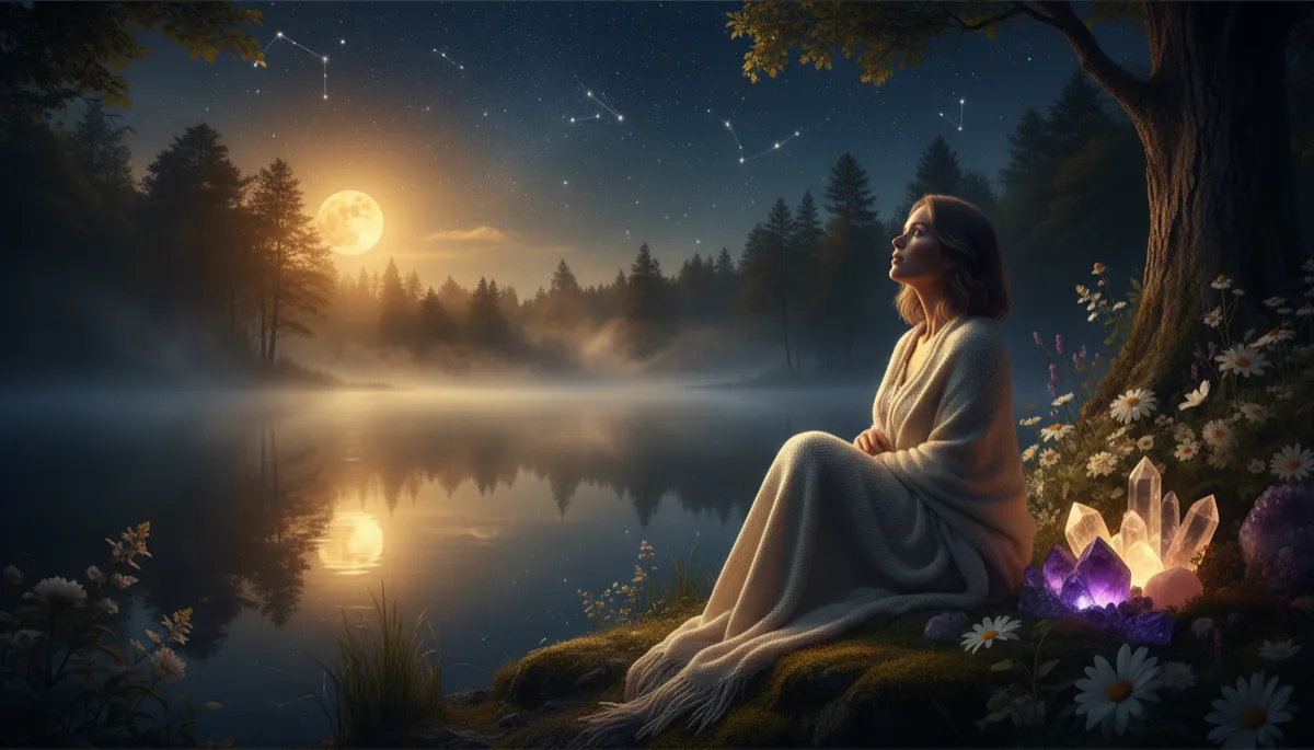 photorealistic scene of a woman sitting beside a forest lake at night, wrapped in a light shawl, bathed in warm golden moonlight reflecting on the water, soft mist over the trees, stars visible in the sky, crystals and flowers arranged beside her