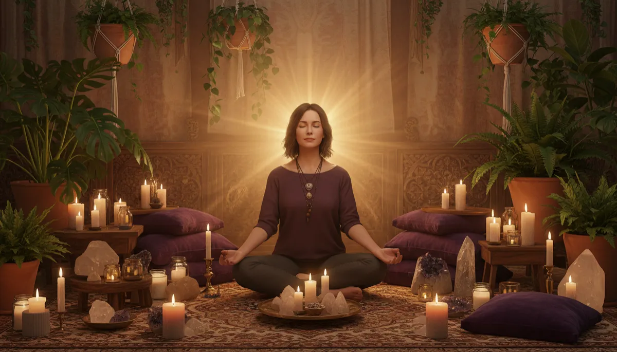 photorealistic woman sitting on floor in a softly lit bohemian living room, surrounded by candles, crystals, and plants; warm gold light, deep purple cushions, natural green foliage; subtle light aura around her body as she meditates peacefully