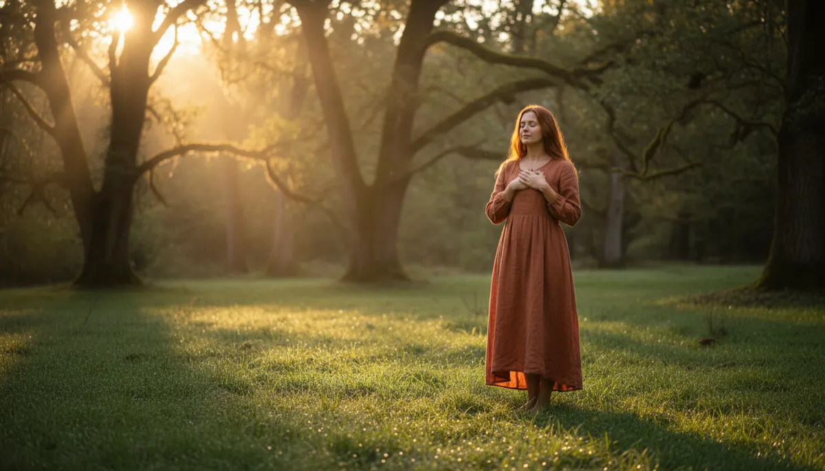 photorealistic scene of a woman standing barefoot on dewy grass at sunrise, soft golden light streaming through trees, her eyes closed and hands over heart, subtle lens flare and warm earthy tones