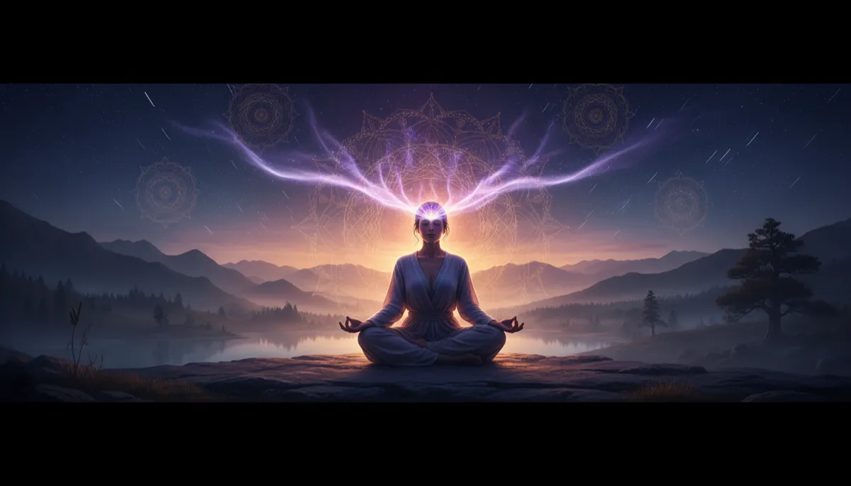 photorealistic woman meditating in lotus pose at twilight, soft purples indigos and golden light radiating from her forehead, subtle mandala patterns in the sky, serene natural landscape blending into cosmic stars