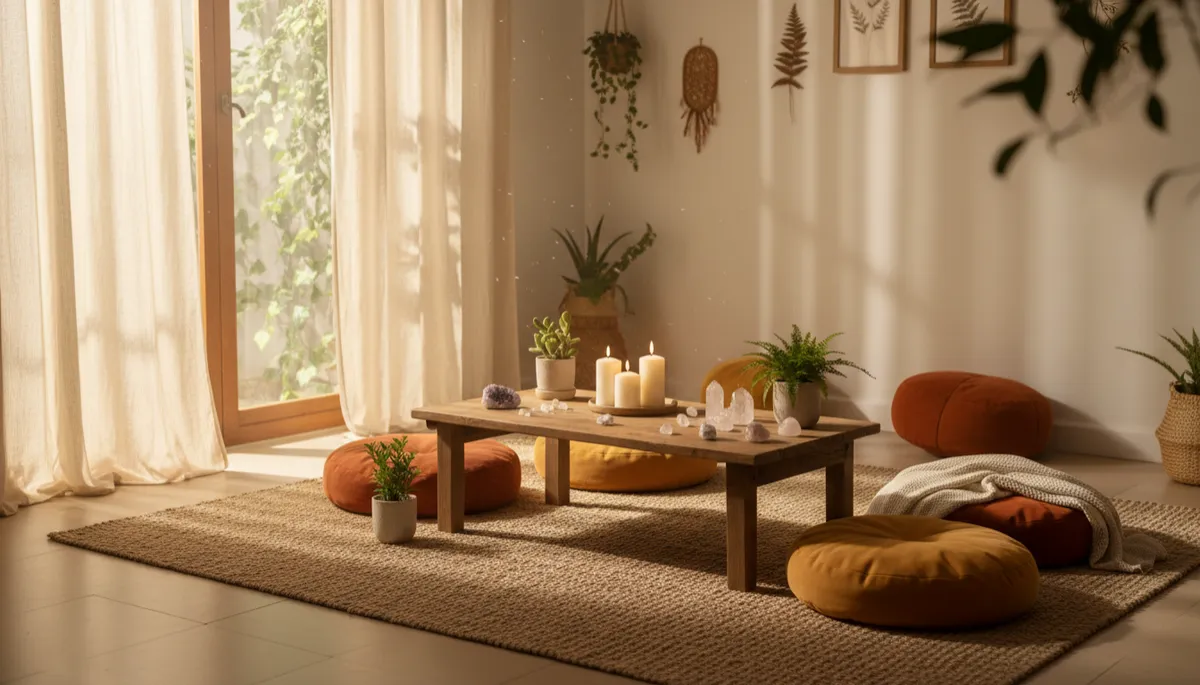 photorealistic serene morning meditation space in warm earth tones, low wooden altar table with crystals, candles, and small potted botanicals, sunlight streaming through sheer curtains with soft golden morning light, cozy cushions and a folded blanket on a textured rug
