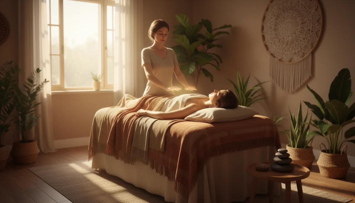 photorealistic scene of a serene Reiki healing room with a massage table, soft golden and white light streaming through a window, practitioner’s hands hovering above a relaxed client, warm earth tone blankets and plants in the background