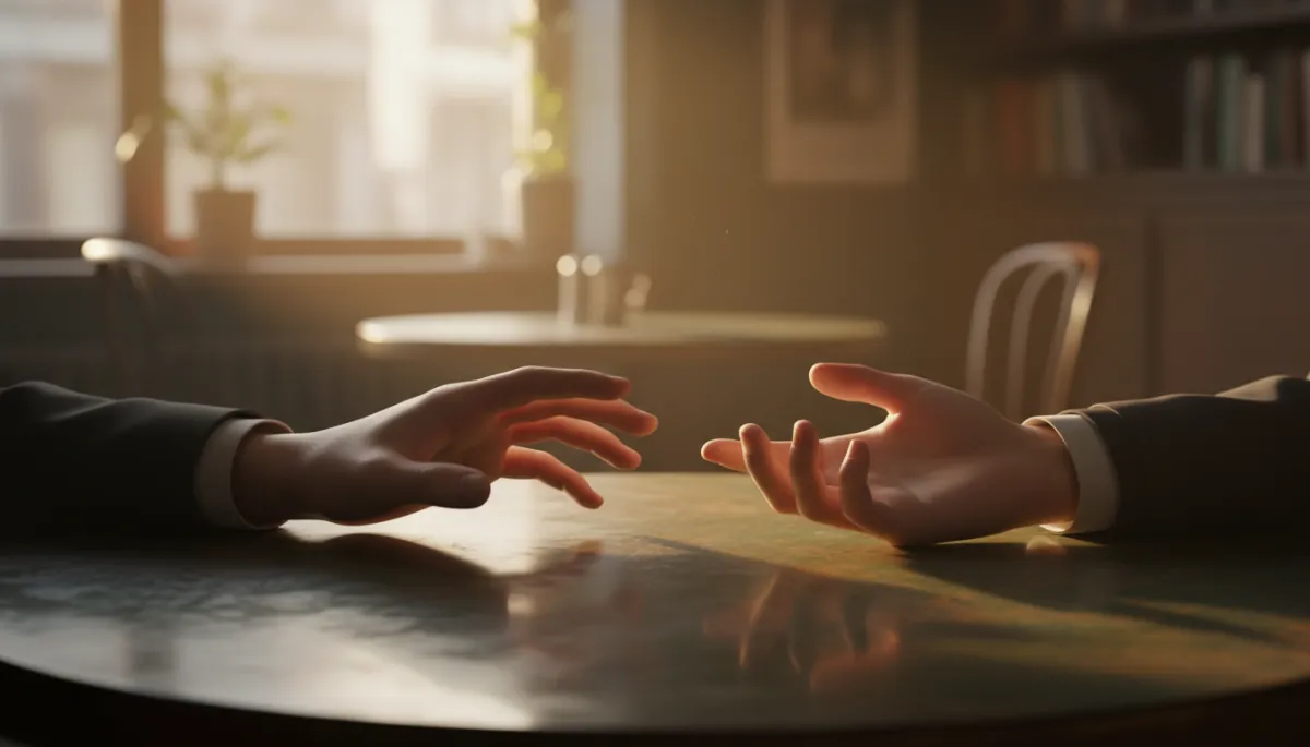 Photorealistic close-up of two hands almost touching across a dark green and warm brown café table, soft focus background, one hand slightly pulling away while the other reaches out, conveying emotional distance and longing Photorealistic close-up of two hands almost touching across a dark green and warm brown café table, soft focus background, one hand slightly pulling away while the other reaches out, conveying emotional distance and longing