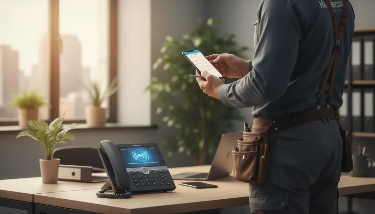 Photorealistic contractor viewing AI-booked appointments on a smartphone