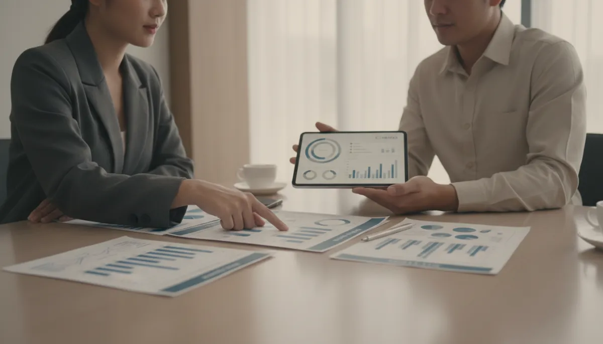 Small business owner reviewing social media performance reports with an AI marketing specialist