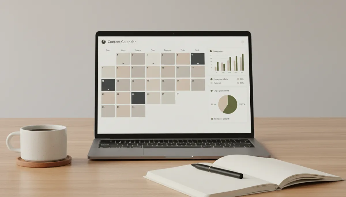 Laptop displaying a social media content calendar and analytics in a neutral-toned workspace