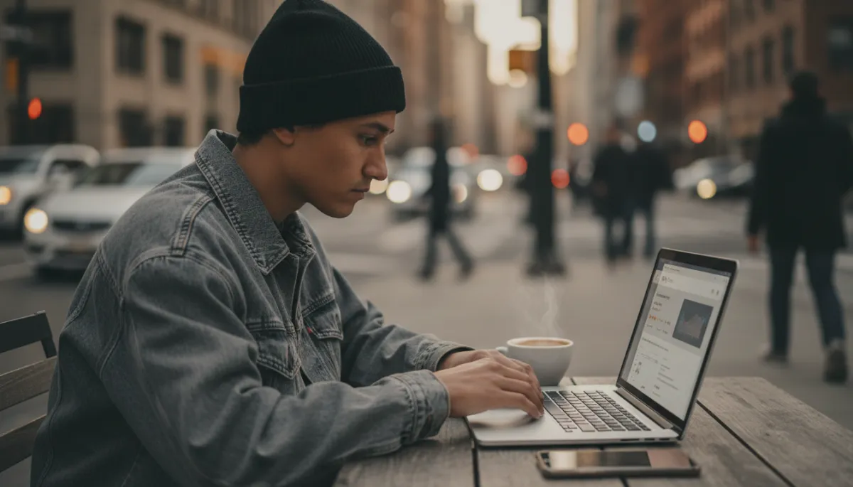 Person managing Google Reviews from a laptop at a city café