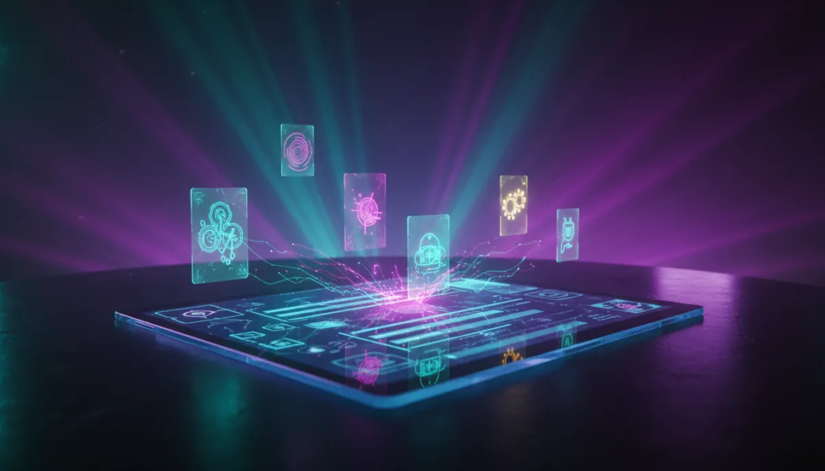 Futuristic neon tablet auto-filling business forms and schedules