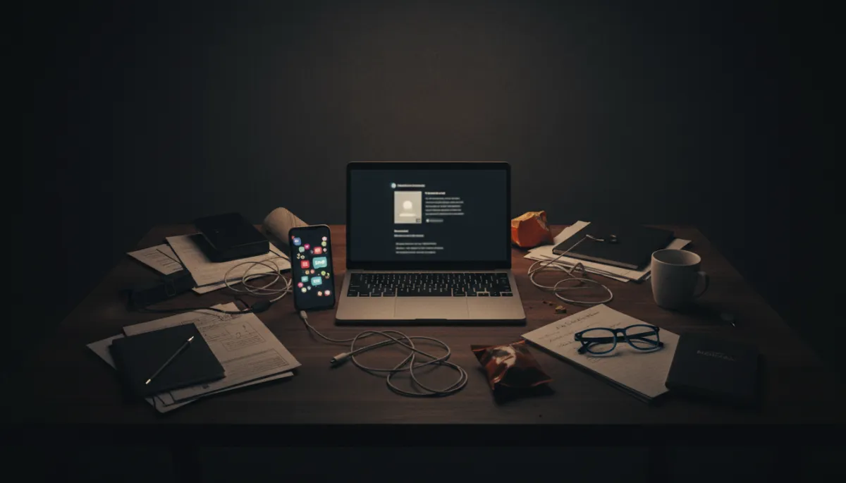 Half-finished social media post left on a laptop in a dimly lit workspace