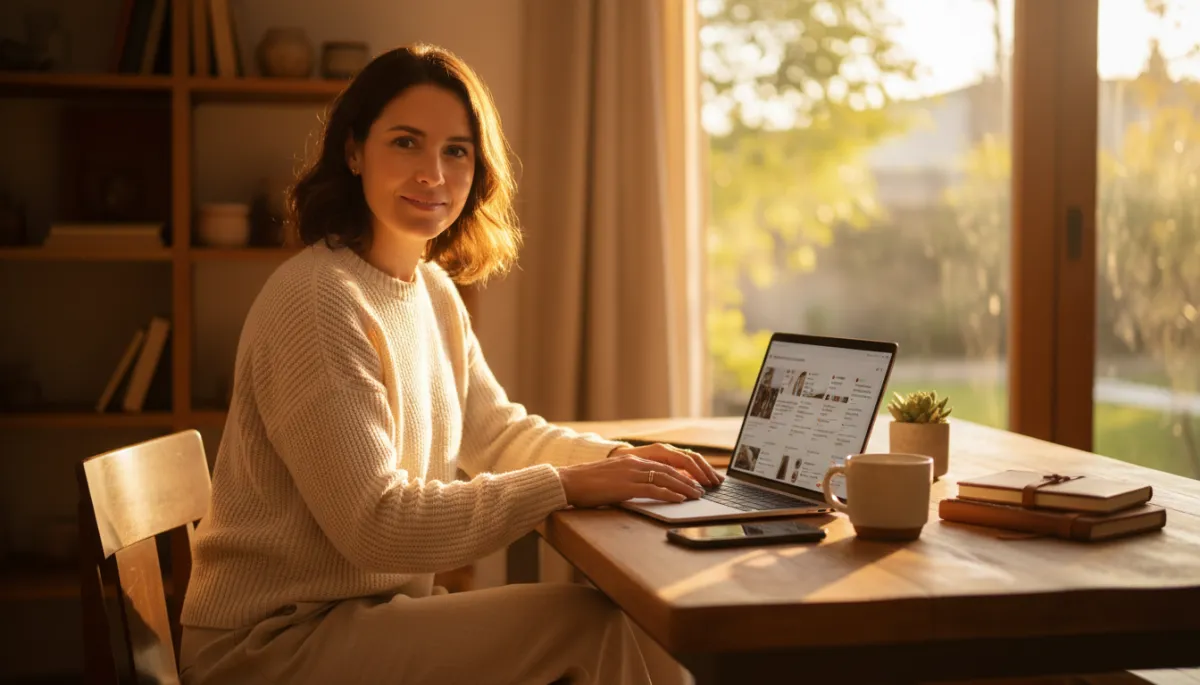 Local business owner reviewing AI-managed social media and reviews in warm golden hour setting