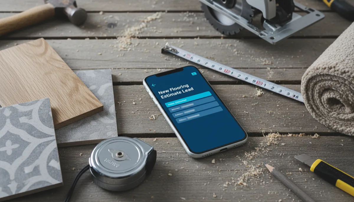 Smartphone showing a new flooring estimate lead notification next to flooring samples