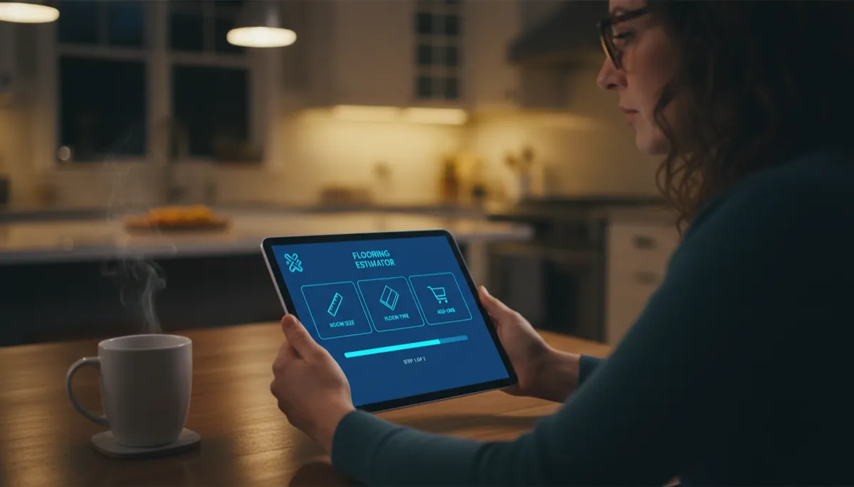 Homeowner using an online flooring estimator tool on a tablet